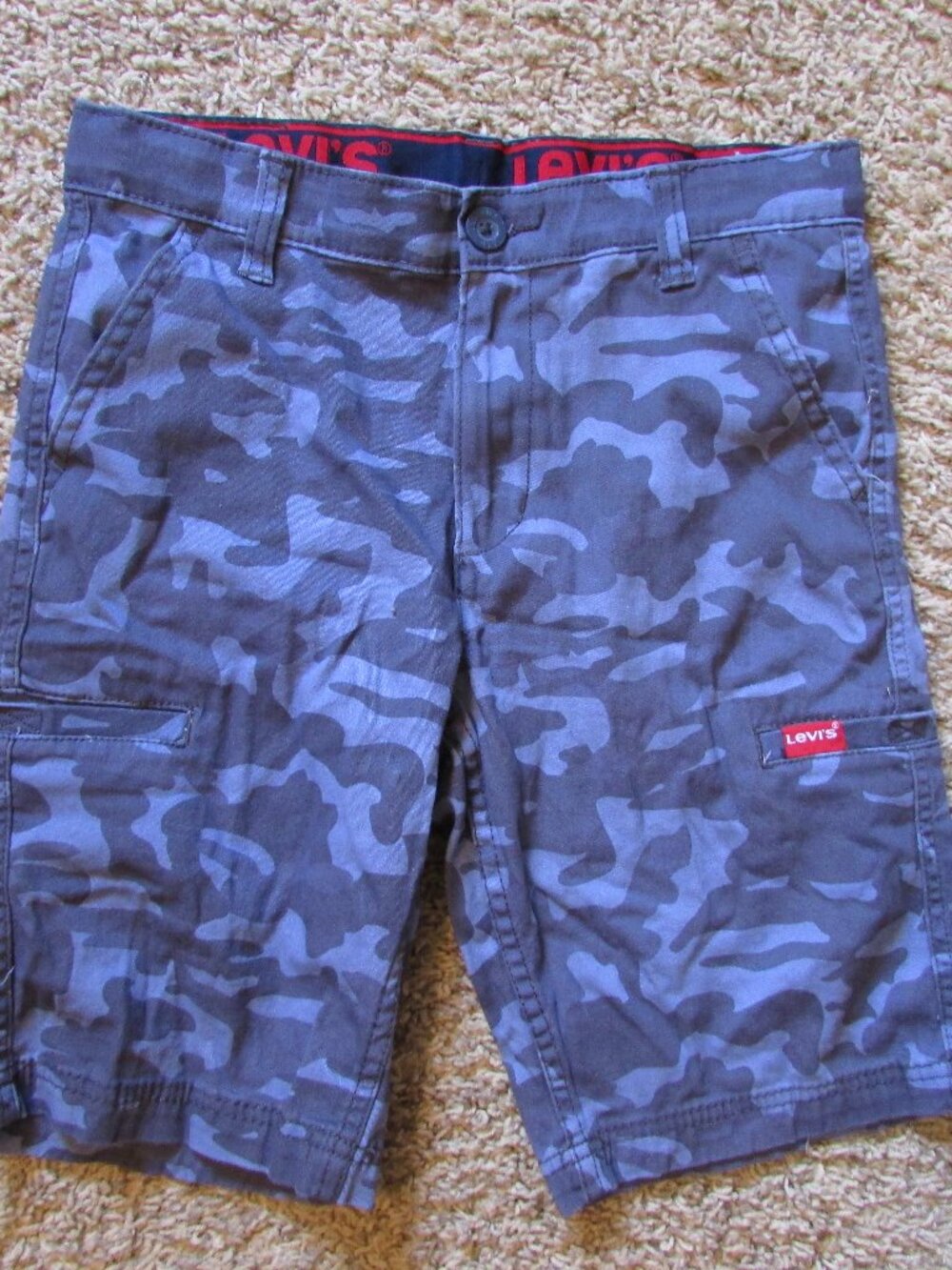 NWOT Levi's Boys 12 Blue Camo Cargo Shorts Adjust Waistband Zip Fly Longer Leg